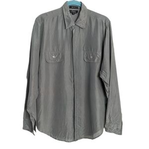 Vintage Jenny 100% silk khaki moss sage green shirt Large XL t4